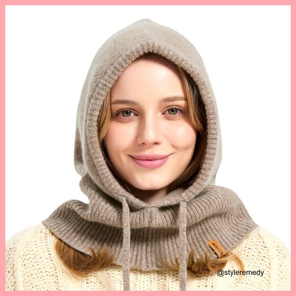 100% Merino Wool Balaclava Hooded Scarf Hat Set Winter Warm main image 7